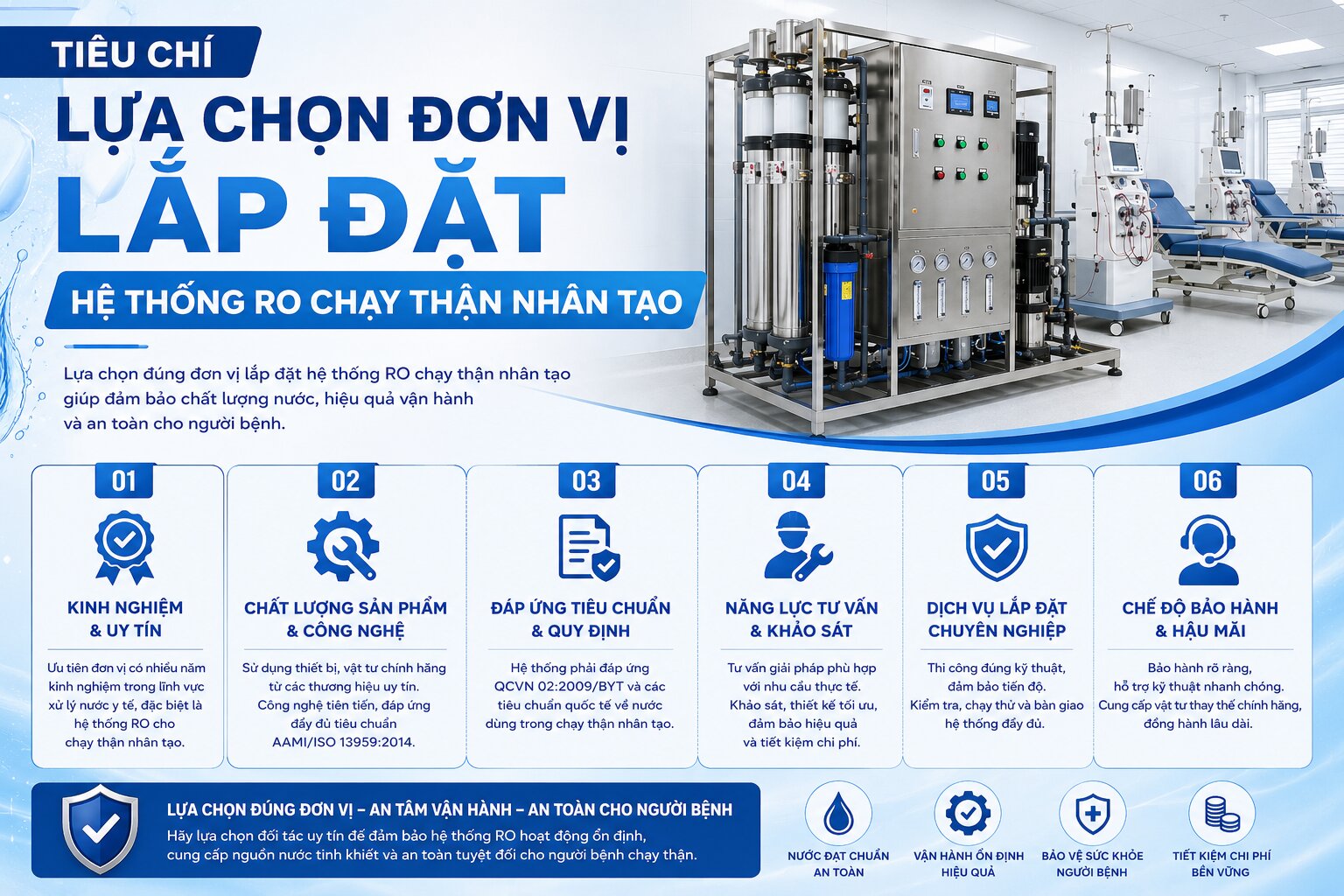 Trong điều trị chạy thận nhân tạo, chất lượng nước ảnh hưởng trực tiếp đến sự an toàn của người bệnh. Một bệnh nhân có thể tiếp xúc với hàng trăm lít dịch lọc trong mỗi buổi điều trị, vì vậy nước sử dụng để pha dịch lọc phải đạt các yêu cầu nghiêm ngặt về hóa học, vi sinh và nội độc tố. Chính vì vậy, việc lựa chọn đơn vị lắp đặt hệ thống RO không chỉ dựa vào giá thành mà cần đánh giá toàn diện về năng lực thiết kế, thi công, kiểm định và dịch vụ kỹ thuật lâu dài. 1. Hiểu rõ tiêu chuẩn AAMI và ISO 23500 Một đơn vị chuyên nghiệp phải thiết kế hệ thống đáp ứng các tiêu chuẩn quốc tế như: AAMI ISO 23500  Các tiêu chuẩn này quy định giới hạn: Kim loại nặng Độ dẫn điện Clo Chloramine Vi khuẩn Nội độc tố (Endotoxin)  Nếu đơn vị thi công không hiểu hoặc không áp dụng các tiêu chuẩn này thì hệ thống rất khó đáp ứng yêu cầu của bệnh viện. 2. Có kinh nghiệm trong lĩnh vực chạy thận nhân tạo Hệ thống RO trong hoạt động y tế khác hoàn toàn so với: RO công nghiệp RO thực phẩm RO nước uống  Đơn vị có kinh nghiệm sẽ hiểu: Quy trình vận hành của khoa Thận nhân tạo. Quy trình khử khuẩn định kỳ. Hệ thống tuần hoàn liên tục. Kiểm soát vùng nước chết (Dead Leg). Thiết kế hạn chế hình thành màng sinh học (Biofilm). 3. Thiết kế đúng theo nhu cầu thực tế Không phải bệnh viện nào cũng cần cùng một công suất.   Một đơn vị chuyên môn sẽ khảo sát: số lượng máy chạy thận hiện tại  kế hoạch mở rộng trong tương lai  công suất sử dụng theo giờ cao điểm  lưu lượng nước cấp  chất lượng nguồn nước đầu vào.  Từ đó tính toán: công suất RO  bồn chứa  bơm tuần hoàn  đường ống phân phối  áp lực và lưu lượng.  Thiết kế phù hợp giúp giảm chi phí đầu tư và vận hành. 4. Sử dụng thiết bị có nguồn gốc rõ ràng Các thiết bị chính cần có xuất xứ minh bạch: màng RO  bơm cao áp  cột lọc  van điều khiển  đồng hồ đo áp suất  cảm biến độ dẫn điện  đèn UV  bộ lọc cuối (End Filter).  Thiết bị đạt tiêu chuẩn giúp hệ thống vận hành ổn định và kéo dài tuổi thọ. 5. Có quy trình kiểm định chất lượng nước Sau khi lắp đặt, đơn vị cần thực hiện kiểm tra và nghiệm thu chất lượng nước, bao gồm: độ dẫn điện pH độ cứng clo dư chloramine vi khuẩn nội độc tố các chỉ tiêu hóa học theo tiêu chuẩn.  Việc lấy mẫu cần thực hiện tại nhiều vị trí trong hệ thống để đánh giá toàn diện. 6. Thiết kế thuận lợi cho vệ sinh và khử khuẩn Một hệ thống đạt yêu cầu cần: tuần hoàn liên tục  hạn chế điểm ứ đọng nước  dễ khử khuẩn hóa chất hoặc nhiệt  dễ vệ sinh bồn chứa  dễ lấy mẫu nước.  Đây là yếu tố quan trọng giúp giảm nguy cơ nhiễm khuẩn. 7. Có quy trình bảo trì định kỳ Đơn vị cung cấp nên xây dựng kế hoạch bảo trì rõ ràng, bao gồm: thay lõi lọc  kiểm tra màng RO  kiểm tra áp lực  hiệu chuẩn thiết bị đo  khử khuẩn hệ thống  lấy mẫu xét nghiệm định kỳ.  Bảo trì đúng lịch giúp duy trì chất lượng nước và hạn chế sự cố. 8. Đào tạo đội ngũ vận hành Sau khi bàn giao, nhân viên kỹ thuật của bệnh viện cần được hướng dẫn: khởi động hệ thống  dừng hệ thống đúng quy trình  xử lý cảnh báo  ghi chép nhật ký vận hành  nhận biết các dấu hiệu bất thường.  Đào tạo đầy đủ giúp giảm rủi ro trong quá trình sử dụng. 9. Dịch vụ hỗ trợ kỹ thuật nhanh chóng Do hệ thống RO phục vụ điều trị hằng ngày, thời gian ngừng hoạt động cần được giảm đến mức thấp nhất.  Nên ưu tiên đơn vị có: đội ngũ kỹ thuật tại nhiều khu vực  kho phụ tùng thay thế  hỗ trợ từ xa  thời gian phản hồi nhanh  hợp đồng bảo trì dài hạn. 10. Hồ sơ pháp lý và hồ sơ kỹ thuật đầy đủ Một đơn vị chuyên nghiệp cần cung cấp đầy đủ: bản vẽ thiết kế  sơ đồ công nghệ  hướng dẫn vận hành  hướng dẫn bảo trì  biên bản nghiệm thu  hồ sơ kiểm định chất lượng nước  danh mục thiết bị  chứng nhận xuất xứ và chất lượng (CO, CQ nếu áp dụng).  Những sai lầm thường gặp khi lựa chọn đơn vị lắp đặt Chỉ quan tâm đến giá mà bỏ qua năng lực kỹ thuật. Chọn đơn vị không có kinh nghiệm trong lĩnh vực lọc máu. Không đánh giá dịch vụ bảo trì sau lắp đặt. Không kiểm tra hồ sơ nghiệm thu và kết quả xét nghiệm nước. Không xem xét khả năng mở rộng hệ thống trong tương lai.   Hệ thống RO chạy thận nhân tạo là một phần quan trọng của quy trình điều trị. Việc lựa chọn đơn vị lắp đặt cần dựa trên năng lực kỹ thuật, khả năng đáp ứng các tiêu chuẩn chất lượng nước, quy trình kiểm định, dịch vụ bảo trì và hỗ trợ lâu dài, thay vì chỉ dựa vào chi phí đầu tư ban đầu. Một hệ thống được thiết kế, lắp đặt và vận hành đúng sẽ góp phần duy trì chất lượng nước ổn định, giảm nguy cơ sự cố và hỗ trợ hoạt động điều trị an toàn . Xem thêm: Tiêu chuẩn AAMI và ISO 23500 trong nước chạy thận nhân tạo Nguyên lý hoạt động cơ bản của thận nhân tạo Lọc Nước RO Chạy Thận Nhân Tạo Chuẩn AAMI và ISO 23500