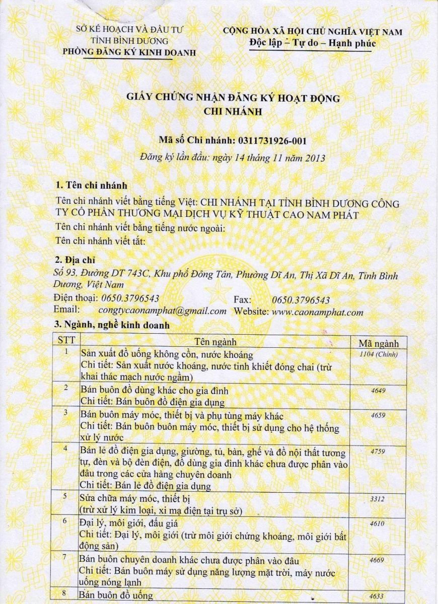 giấy chứng nhận đăng kí hoạt động chi nhánh