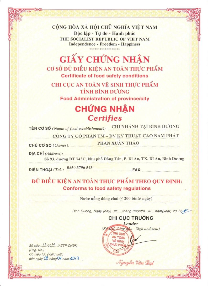 giấy chứng nhận An toàn vệ sinh thực phẩm