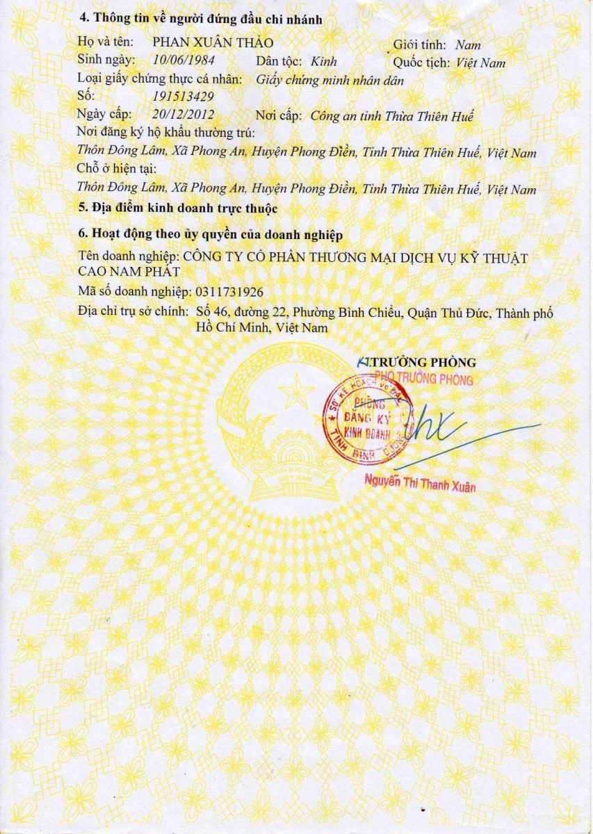 giấy chứng nhận đăng kí chi nhánh